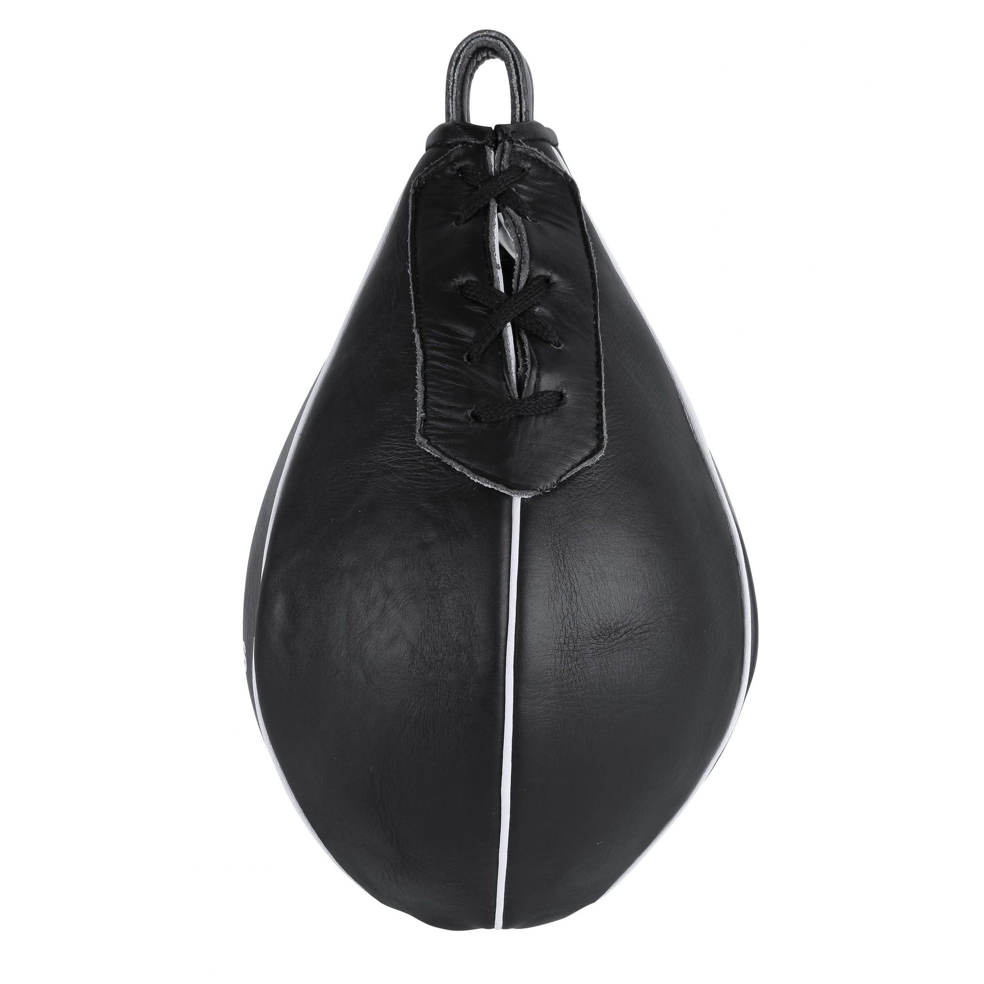 Black punching bag with laces for boxing.