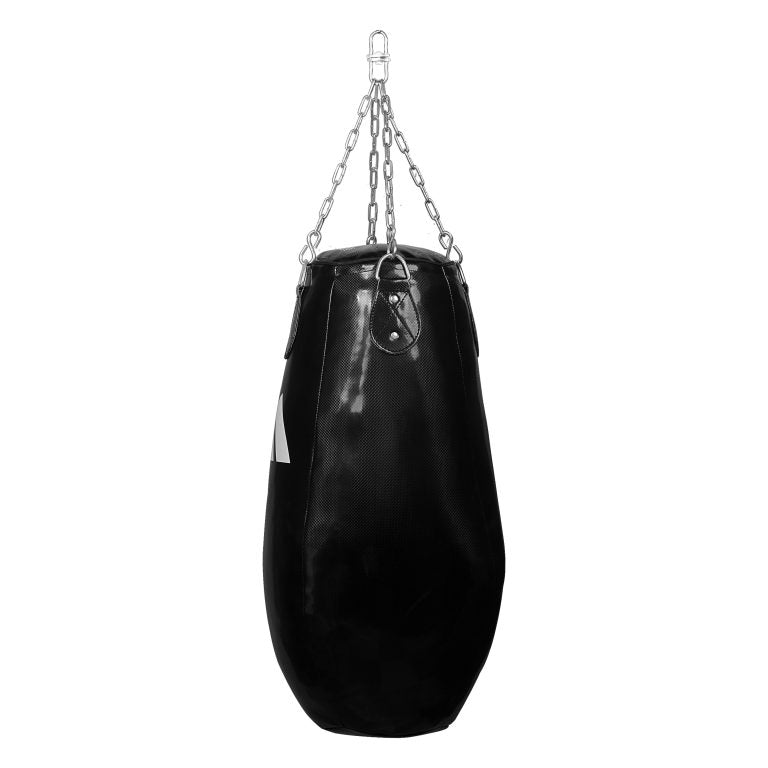 Black punching bag from a chain for boxing training.