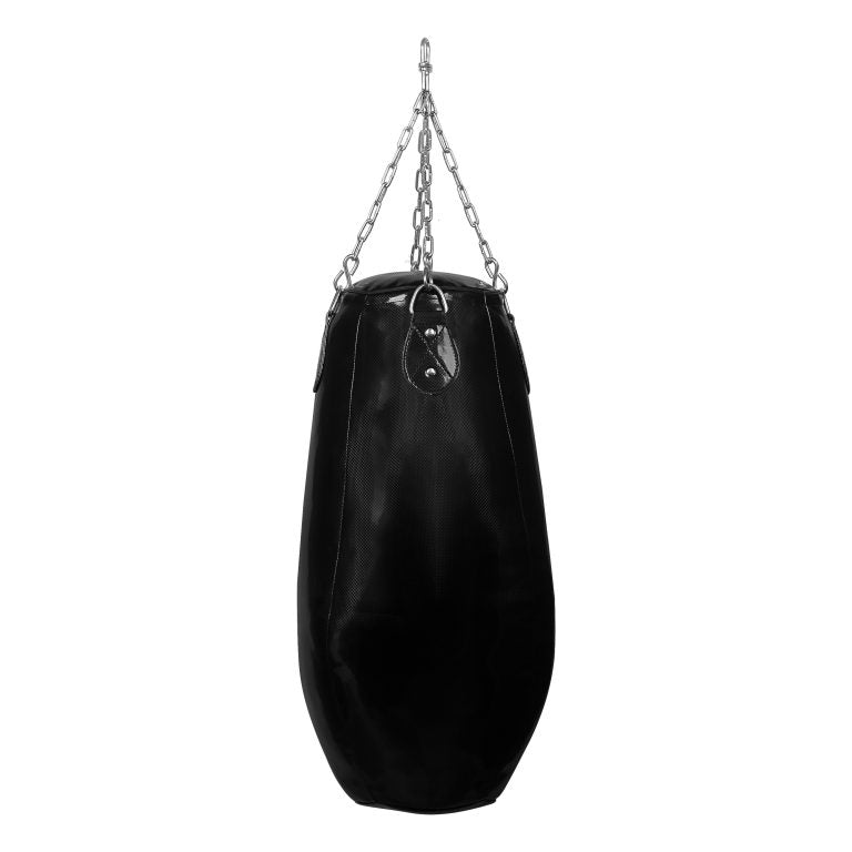 Black punching bag from a chain for boxing training.