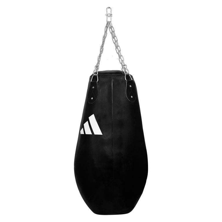 Black punching bag with chain for boxing training.