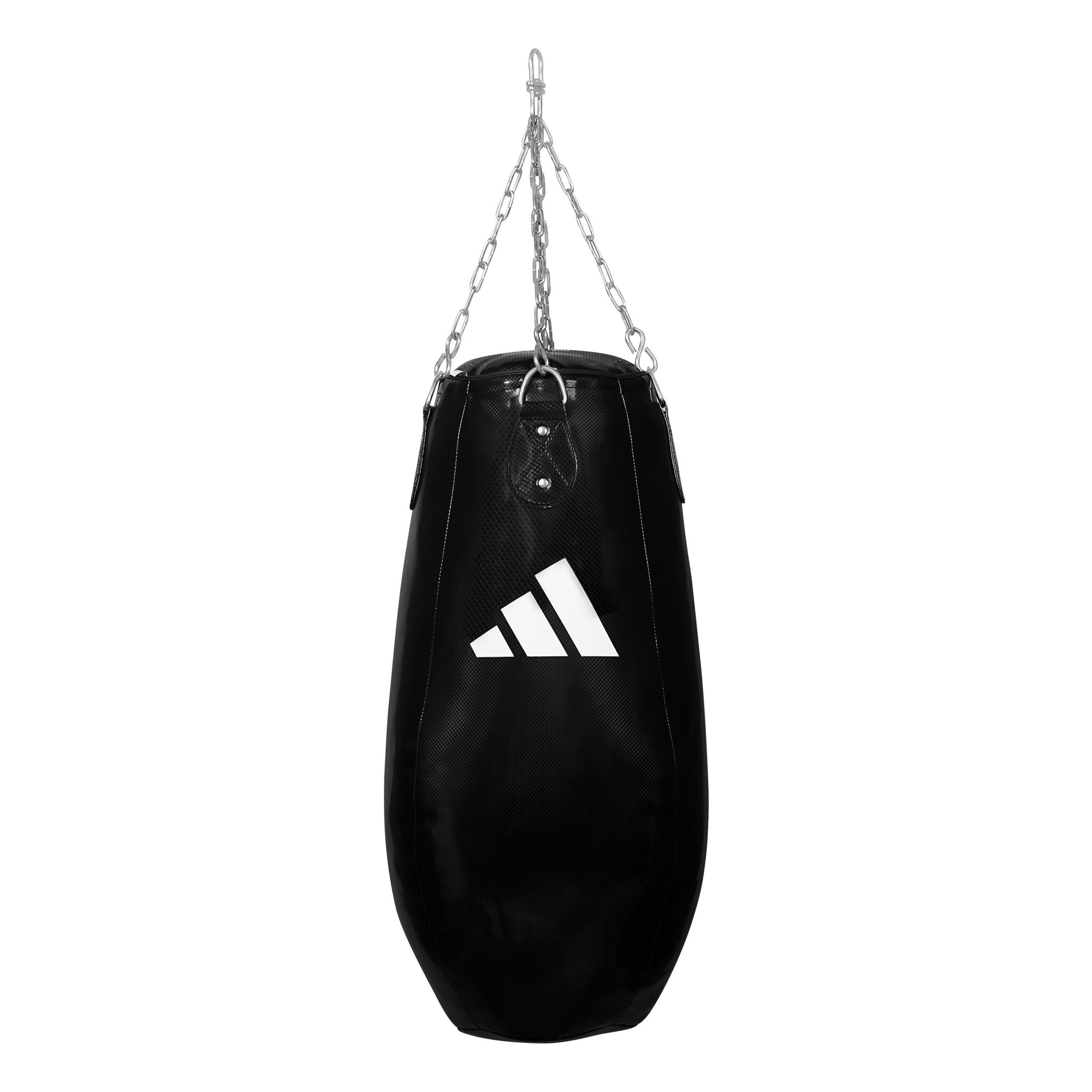 Black punching bag with chain for boxing training.