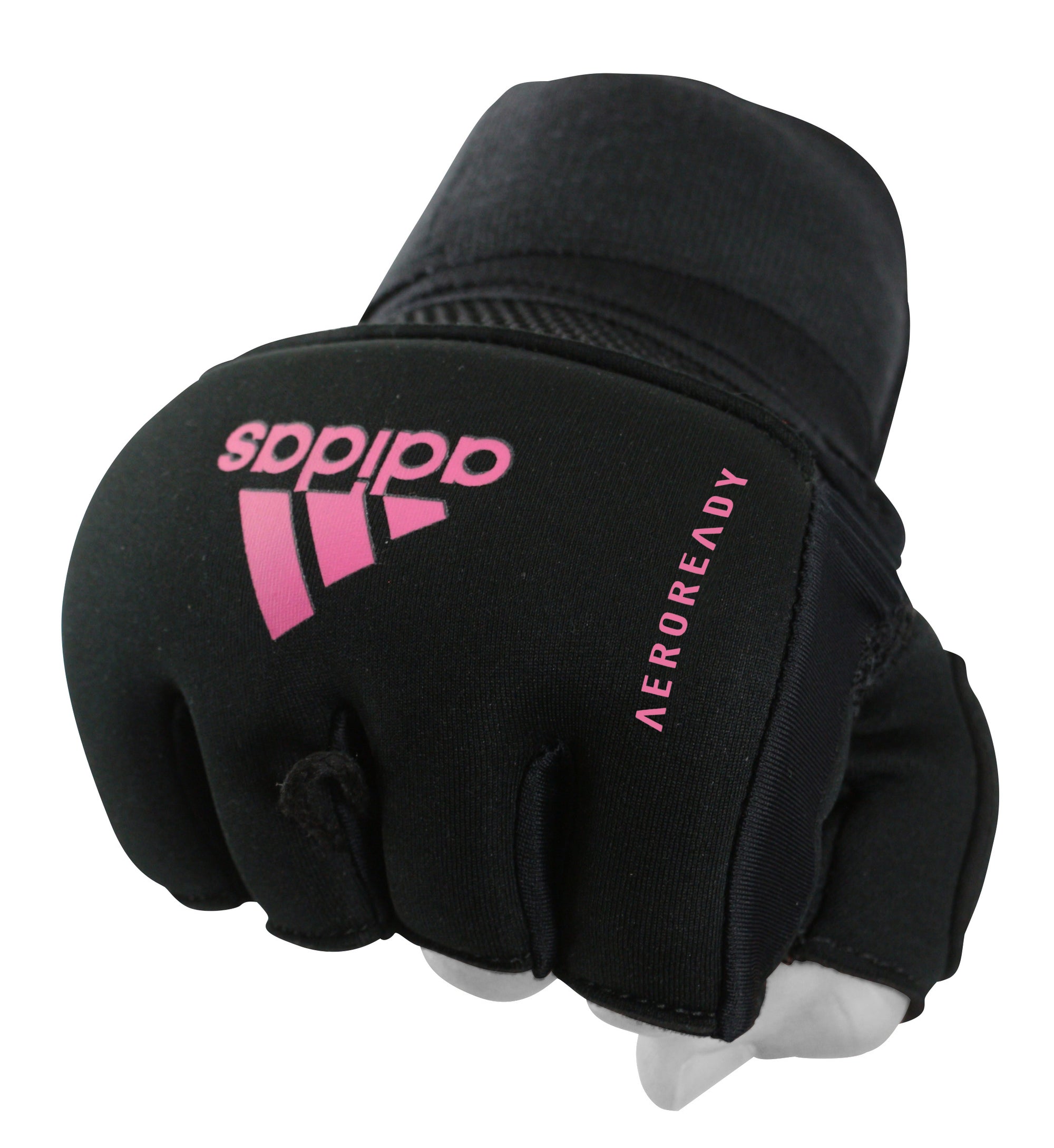 Black glove with pink text for boxing wraps.