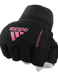 Black glove with pink text for boxing wraps.