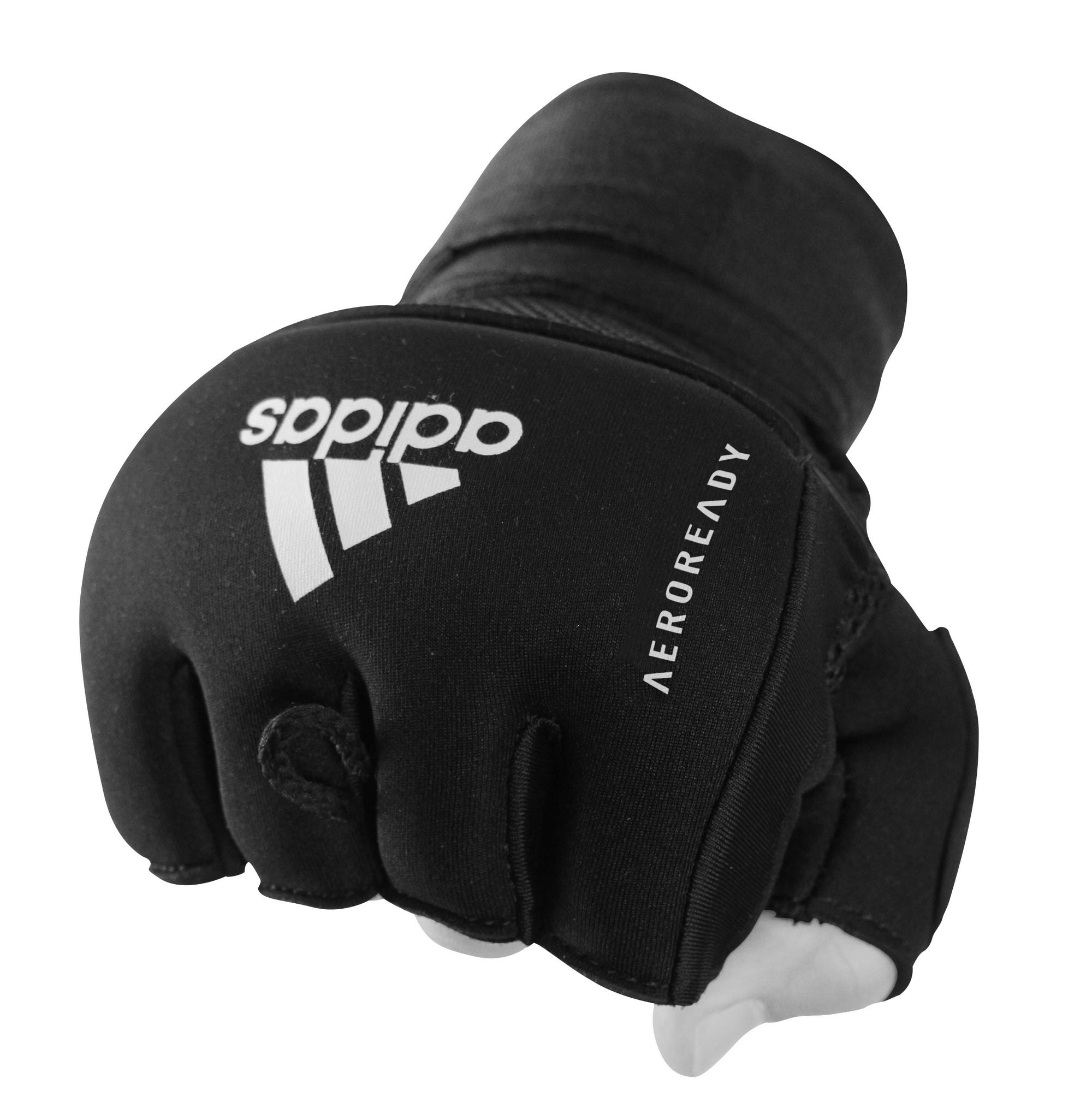 Black glove with white text, Adidas boxing style hand wraps.