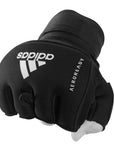 Black glove with white text, Adidas boxing style hand wraps.