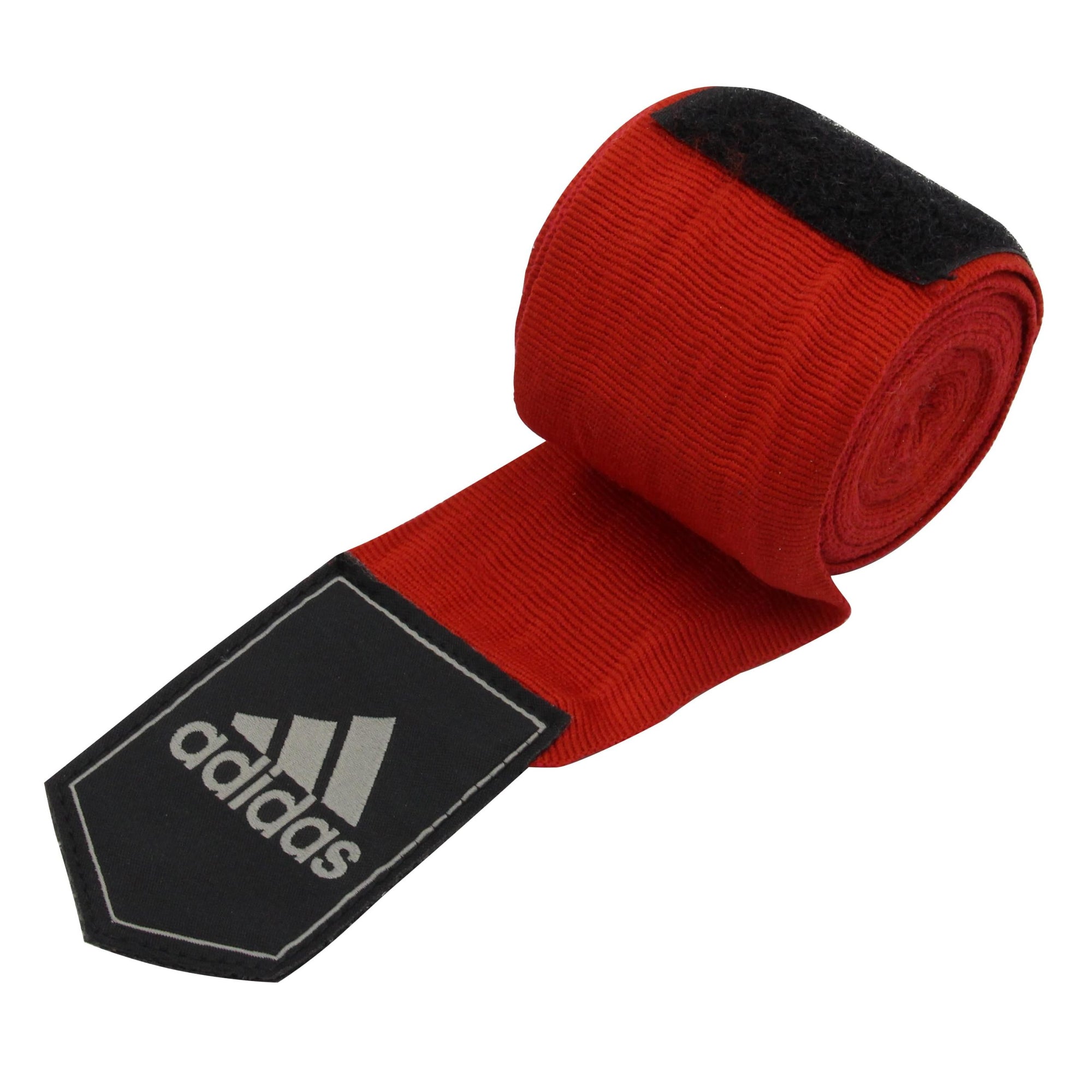 Red and black boxing hand wrap on a white background.