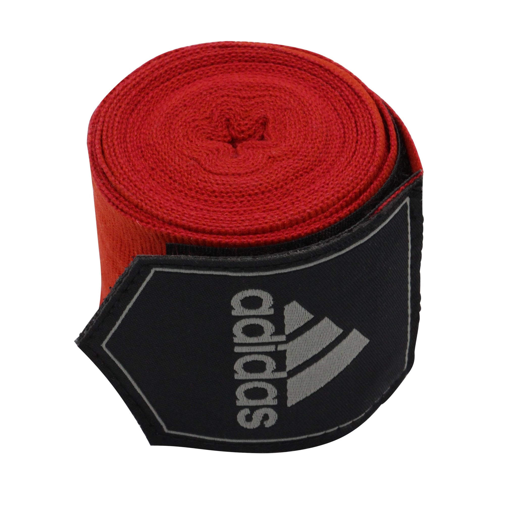 Red and black boxing hand wrap, displayed flat.