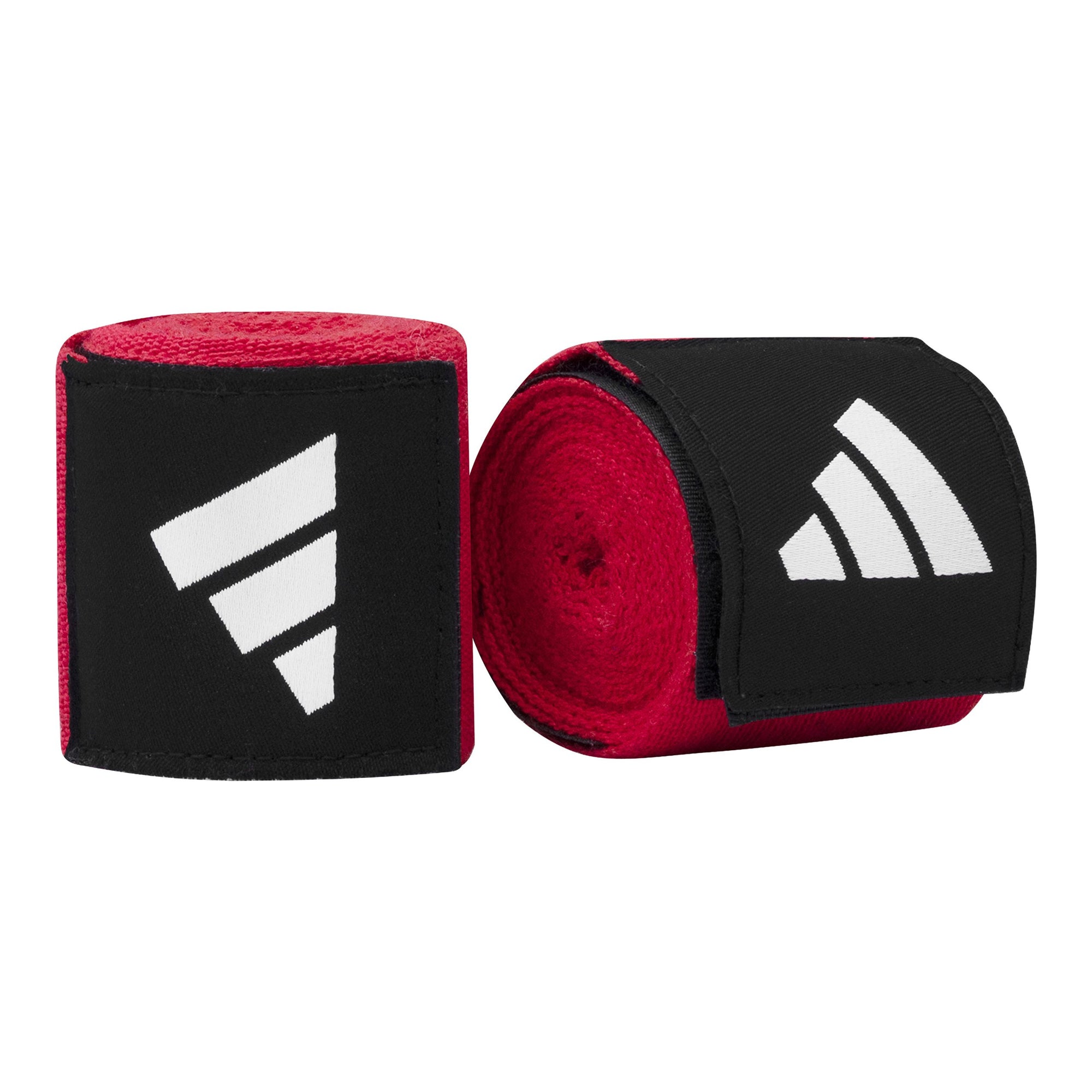 Red and black hand wraps for boxing, Adidas branding visible.