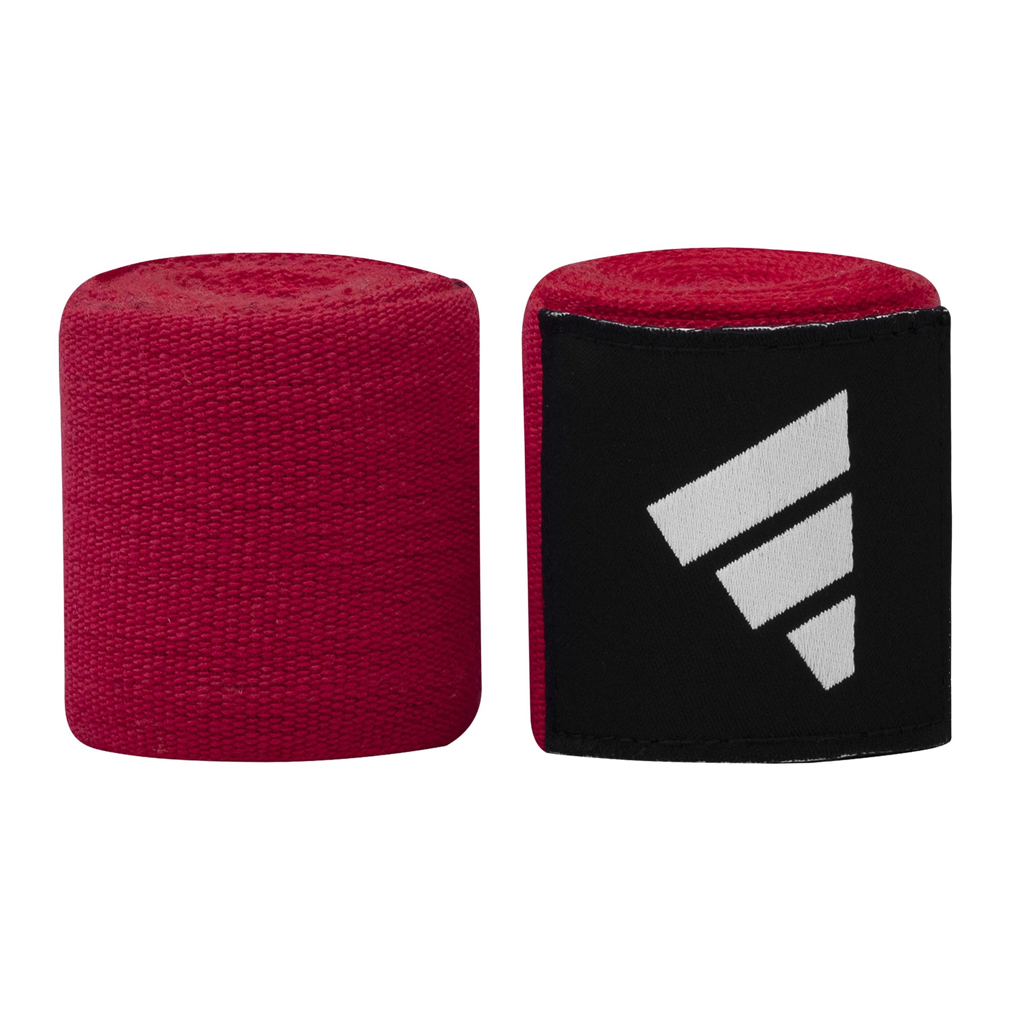 Red and black hand wraps designed for boxing.