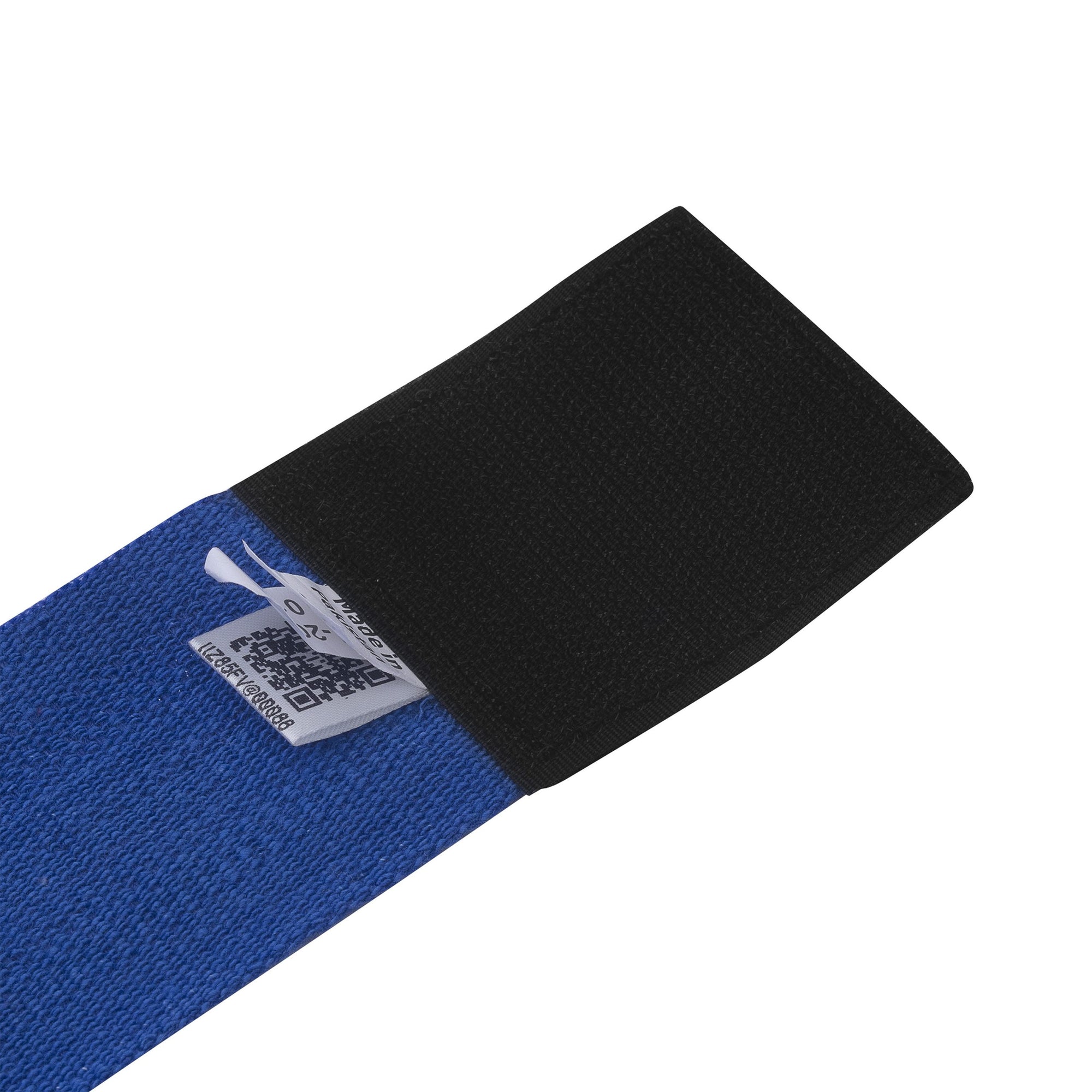 Close-up of blue and black textile boxing hand wrap.