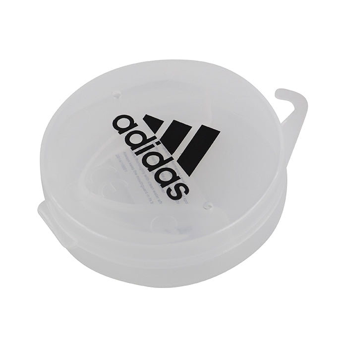 Clear plastic container with logo for senior mouth guard.