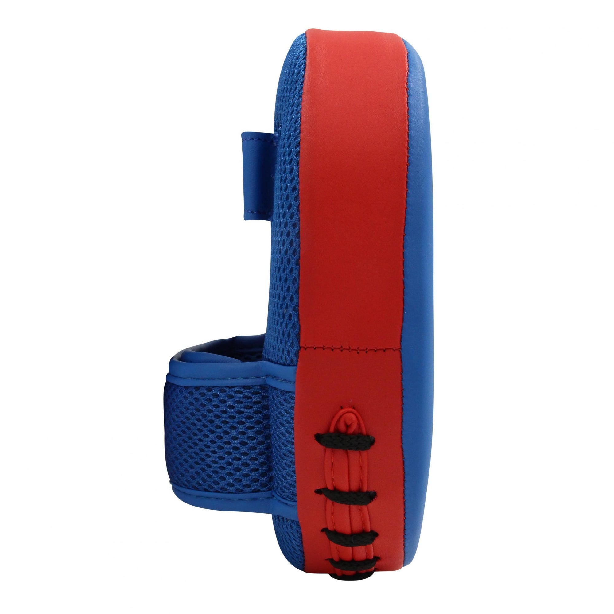 Close-up of blue and red wrist pad for adidas boxing kit.