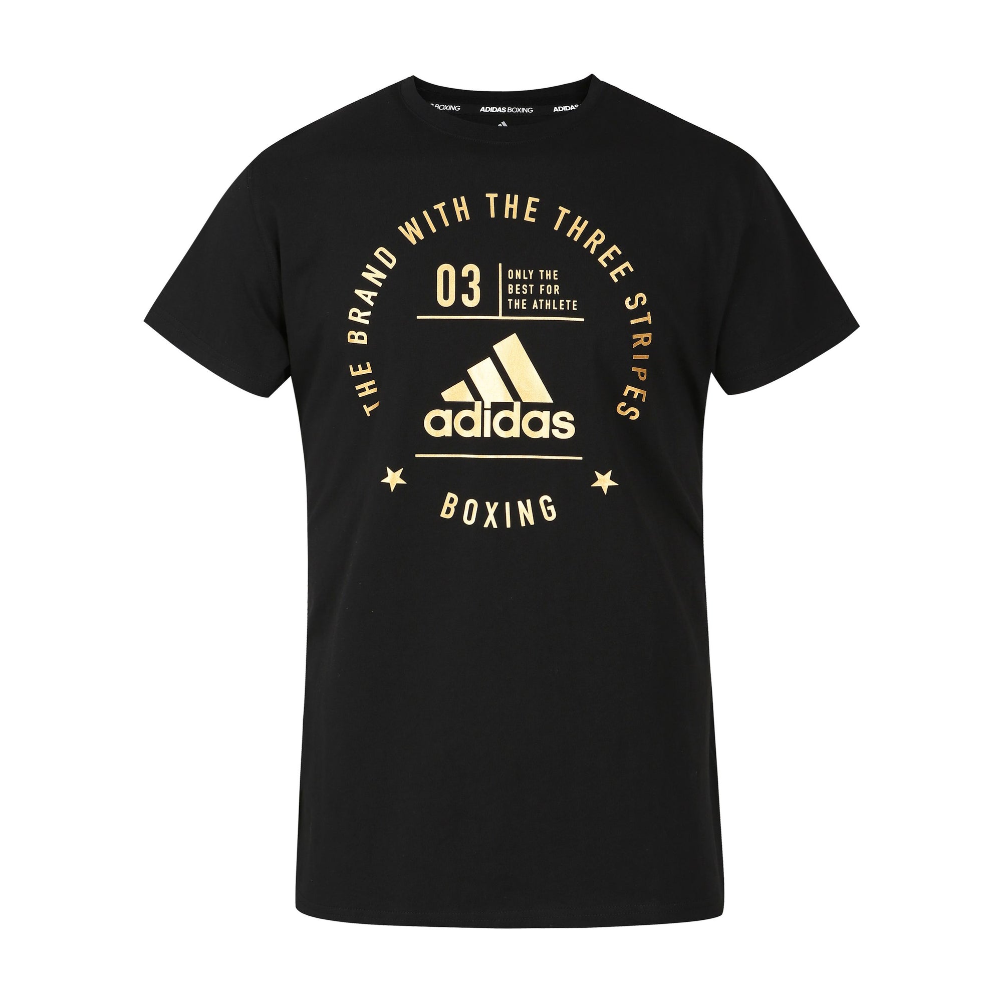 Black Adidas shirt with gold text, front view.