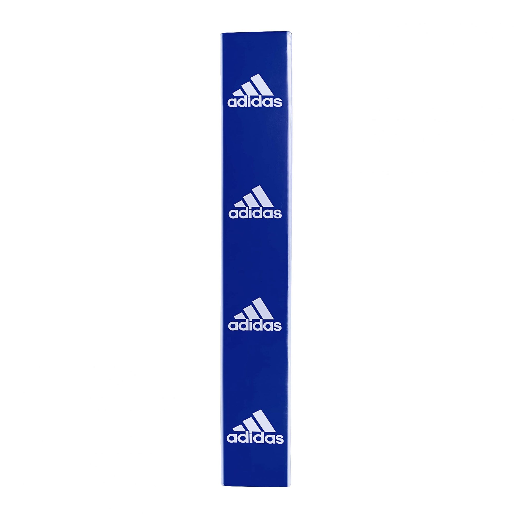 Blue adidas boxing ring corner pad with white text.