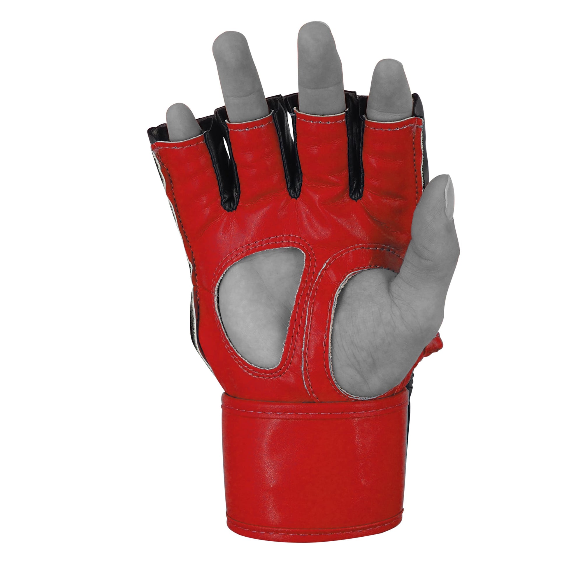 Red glove with black accents and a finger extended design.