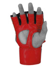 Red glove with black accents and a finger extended design.