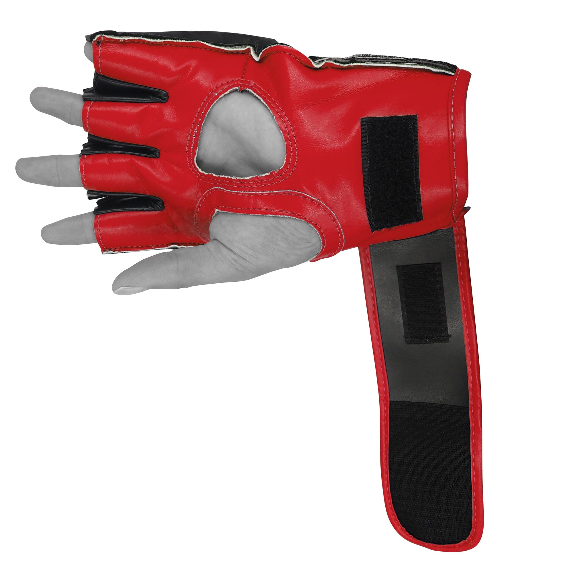 Hand wearing a red adidas grappling glove, medium size.