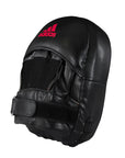 Black boxing glove with a pink logo, back view.