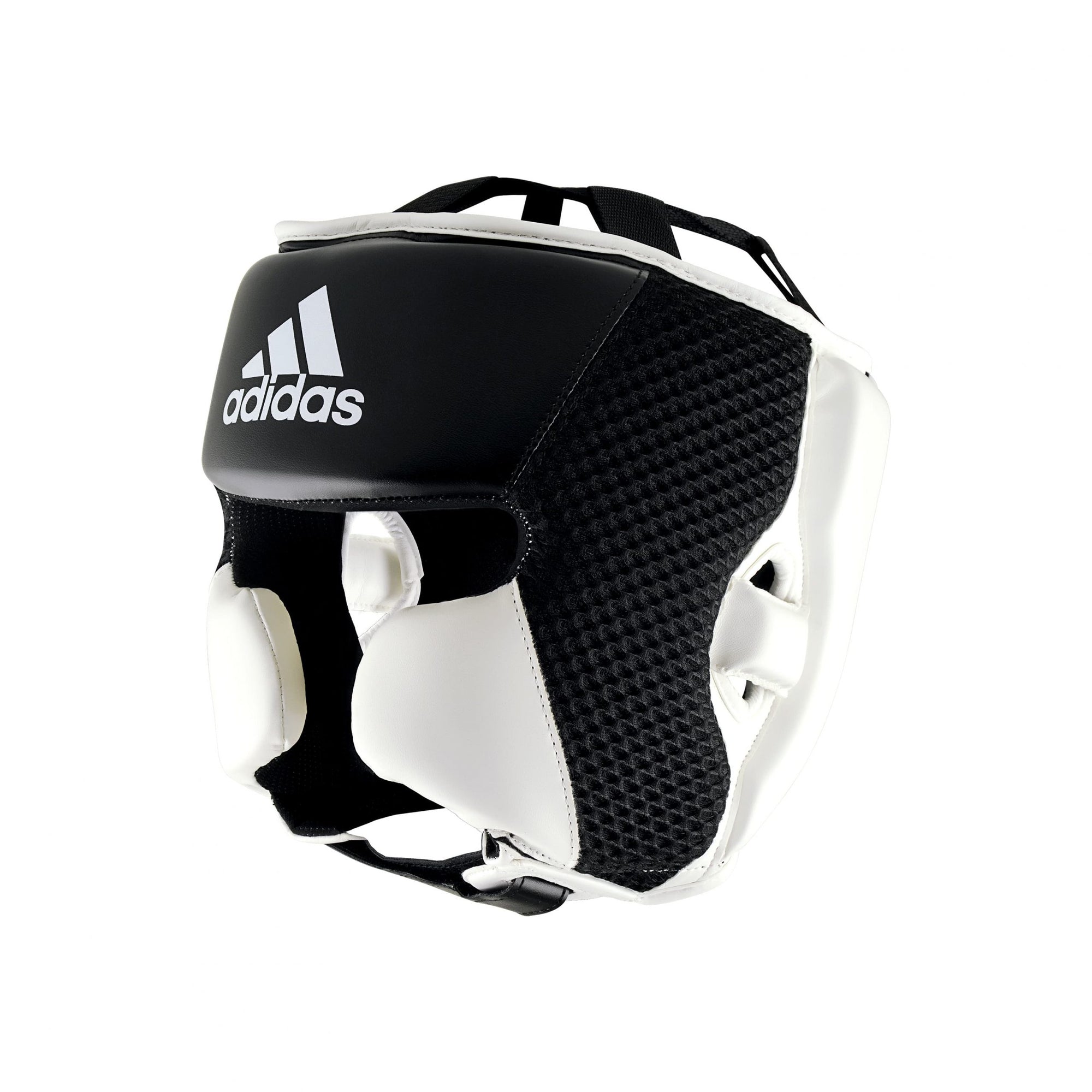 Adidas Hybrid 150 black and white head guard for boxing.