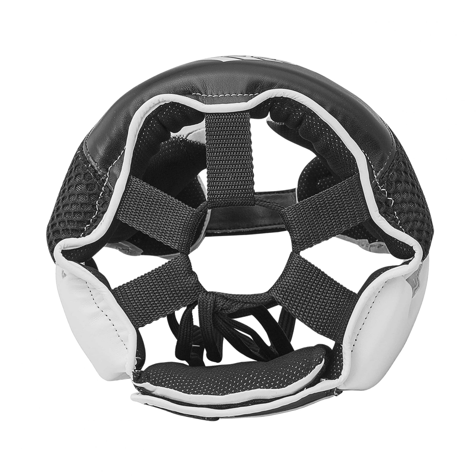 Black and white boxing helmet.