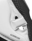 Close-up of black and white knee pad for boxing protection.