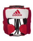 Red and white Adidas Hybrid 150 boxing headgear.