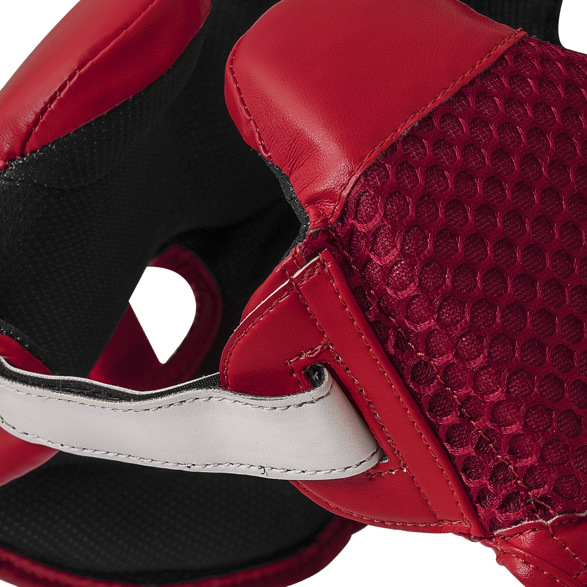 Red and black boxing glove, close-up view.