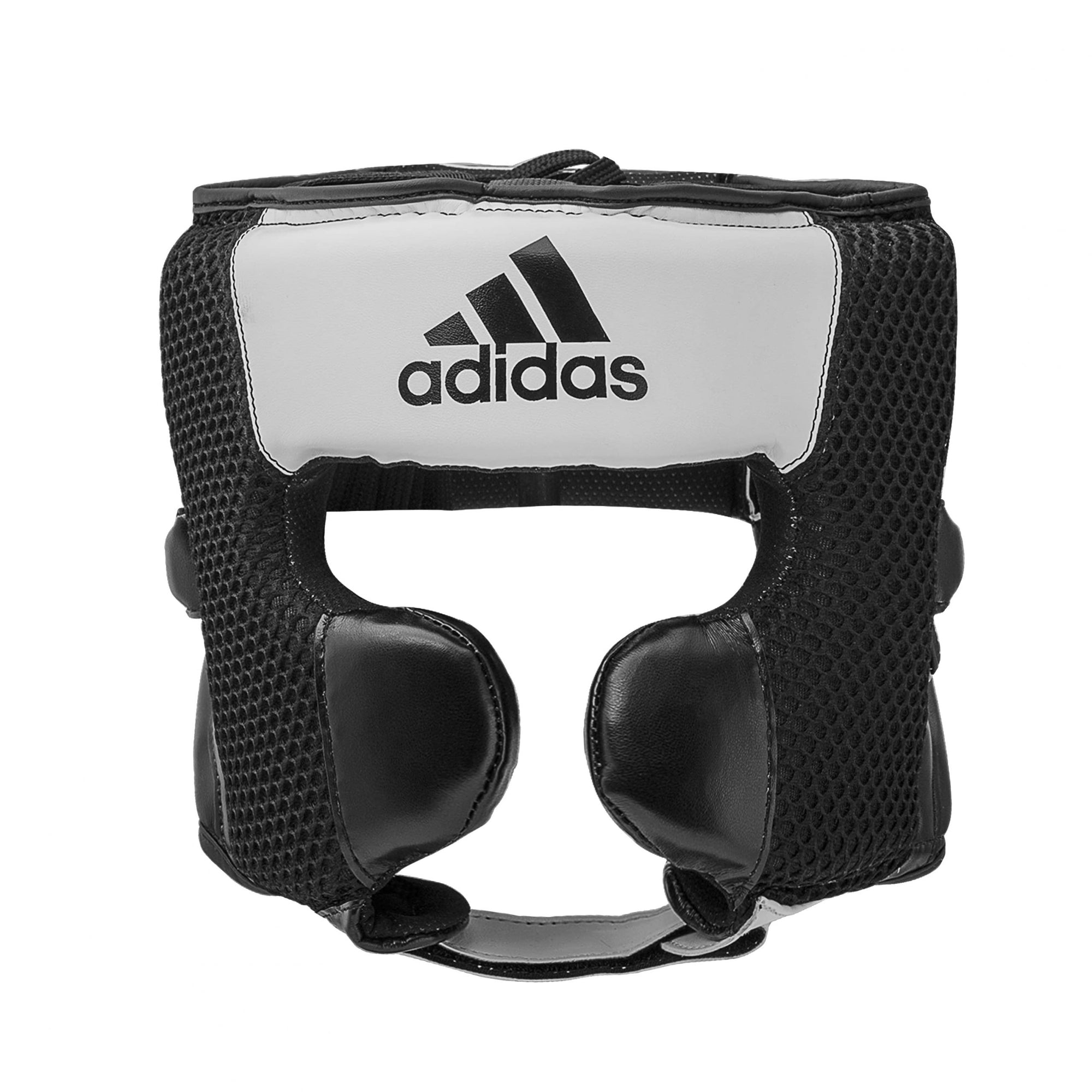 Black and white headgear for boxing.