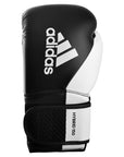 Single adidas Hybrid 150 boxing glove in black and white, 14 oz weight.