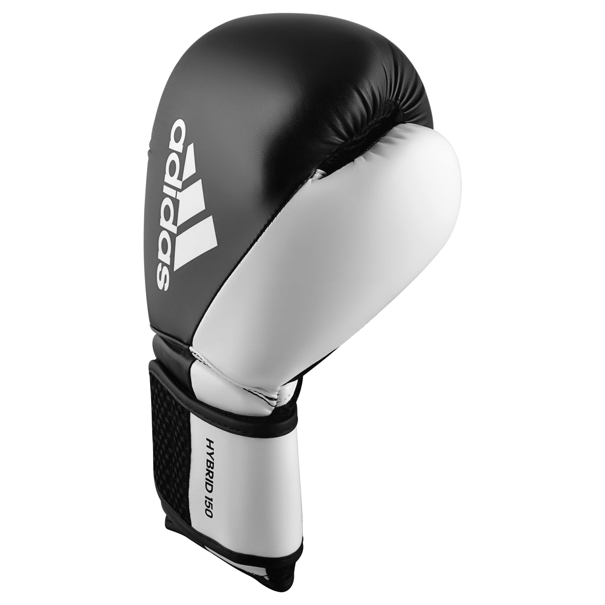 Single adidas Hybrid 150 boxing glove in black and white, 14 oz weight.