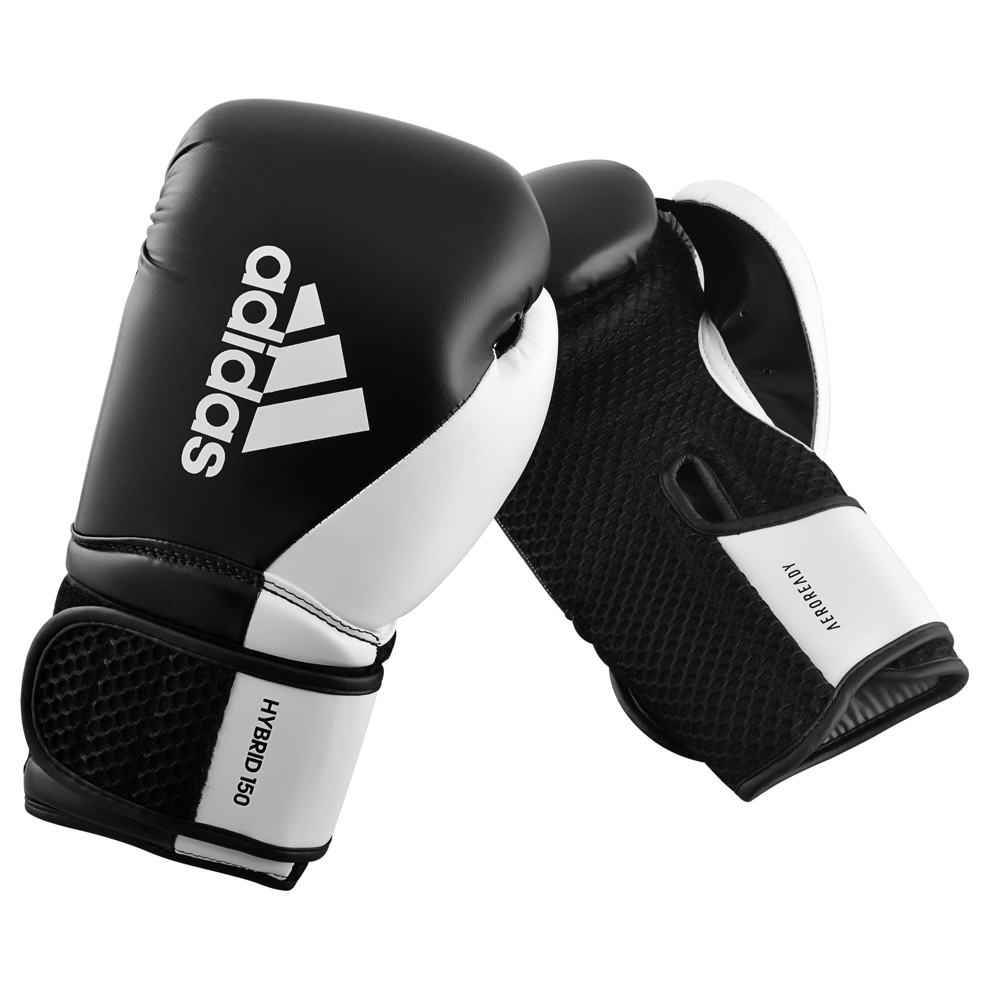 A pair of adidas Hybrid 150 boxing gloves in black and white, 14 oz weight.