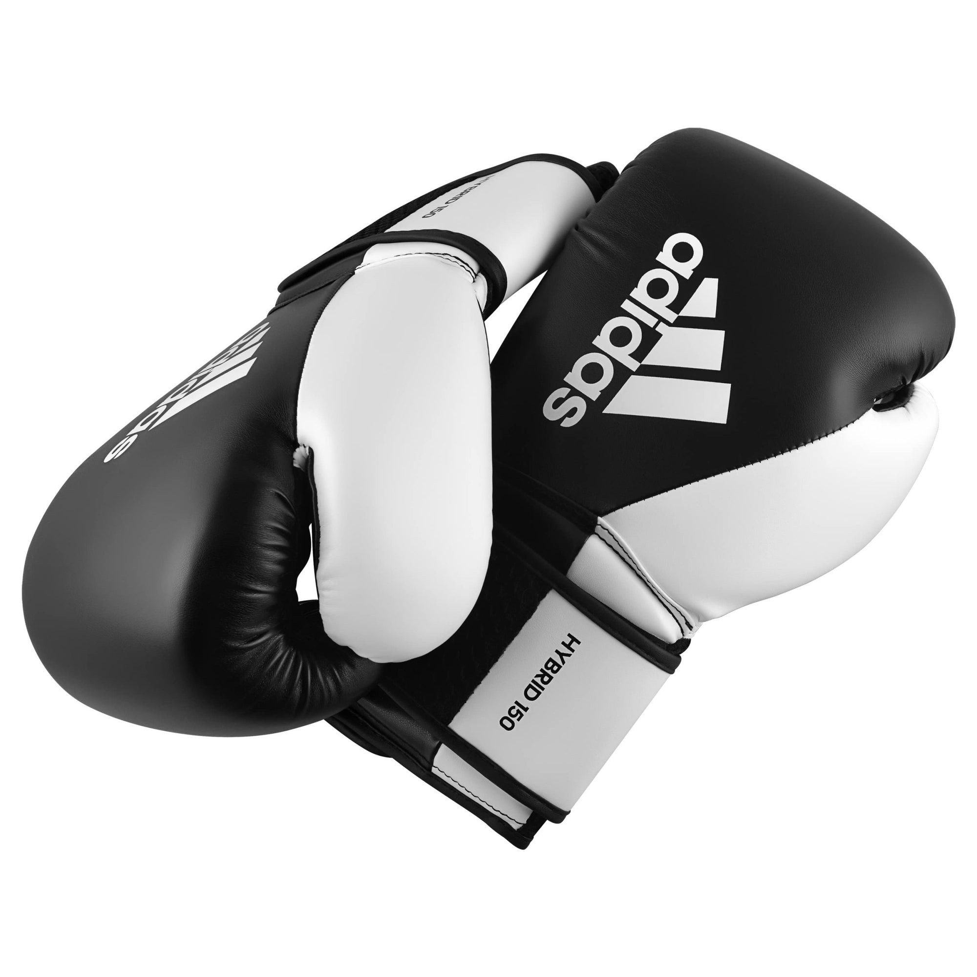 Pair of black and white adidas Hybrid 150 training gloves, 14 oz.