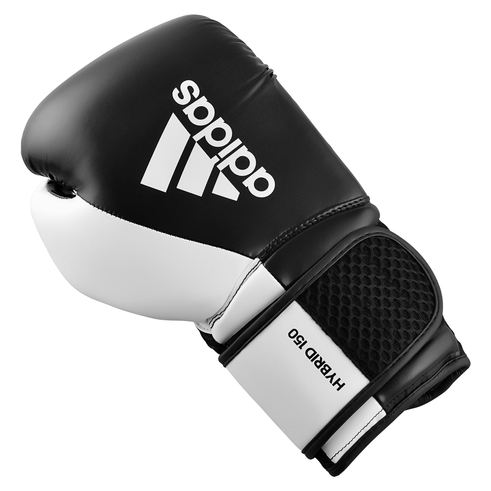 Single adidas Hybrid 150 boxing glove in black and white, 14 oz weight.