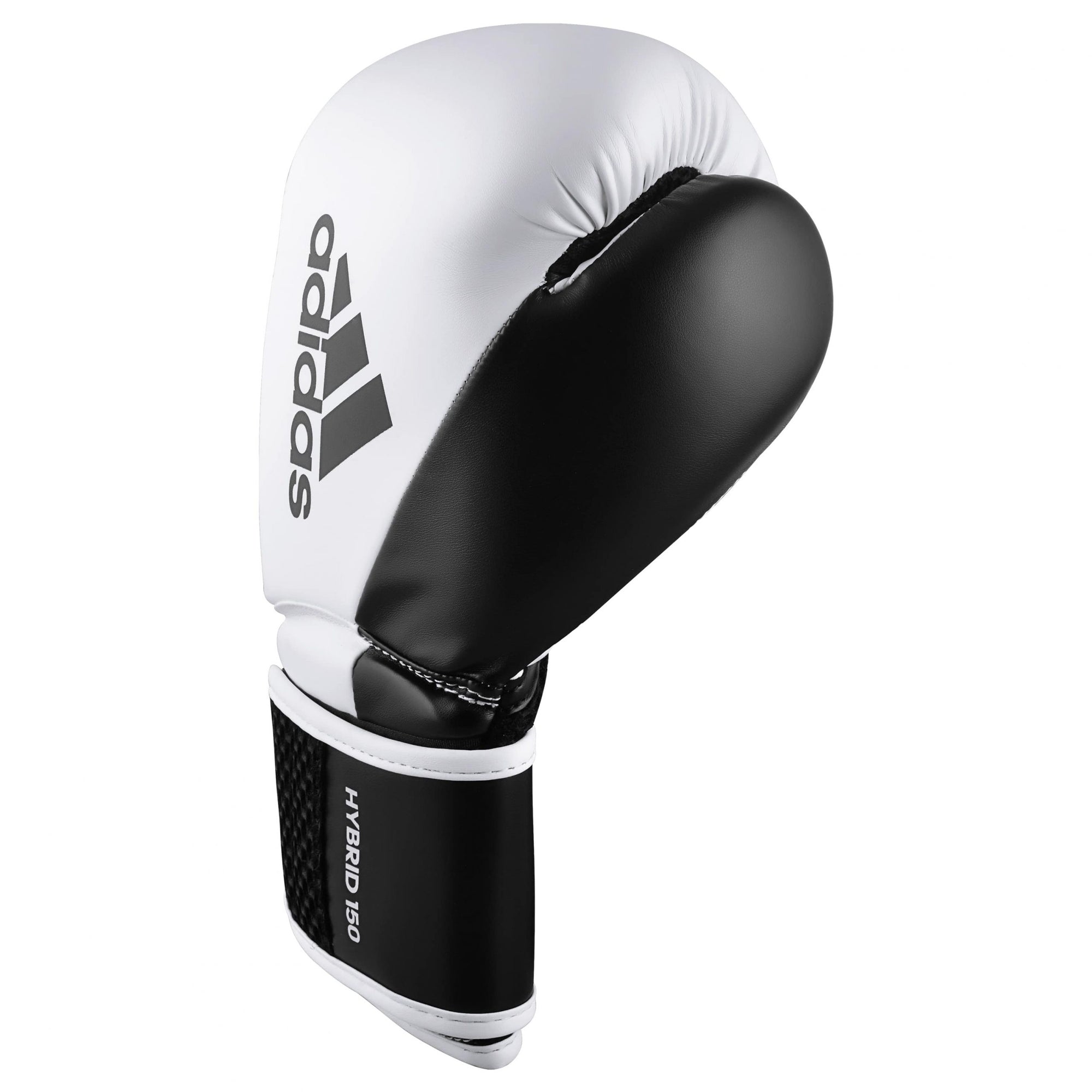 Black and white adidas Hybrid 150 boxing glove.