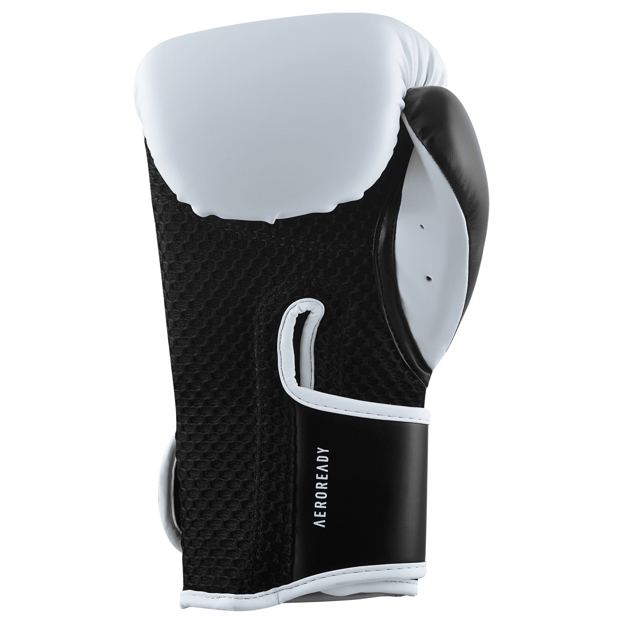 Black and white adidas Hybrid 150 boxing glove.