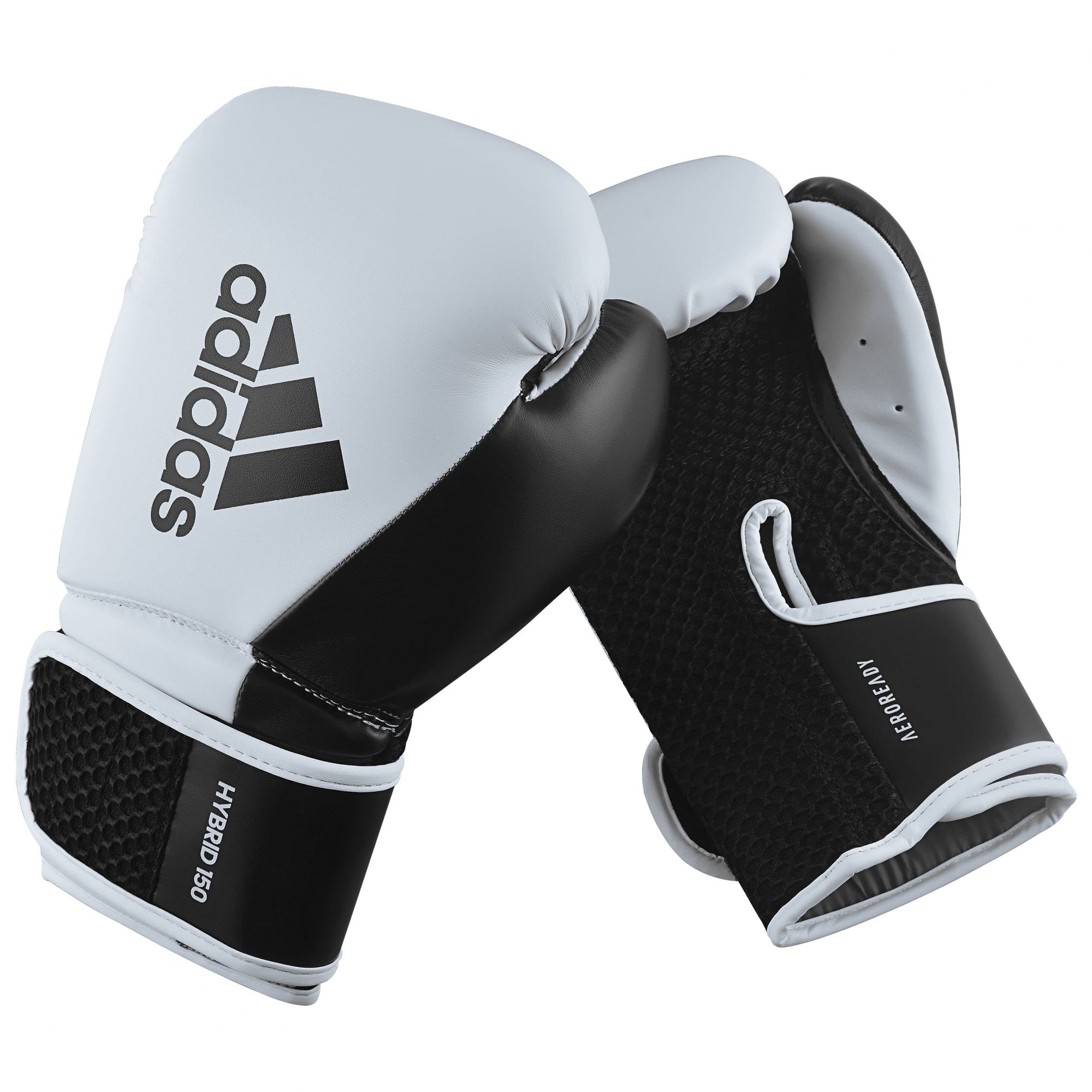 Pair of adidas Hybrid 150 boxing gloves in black and white.