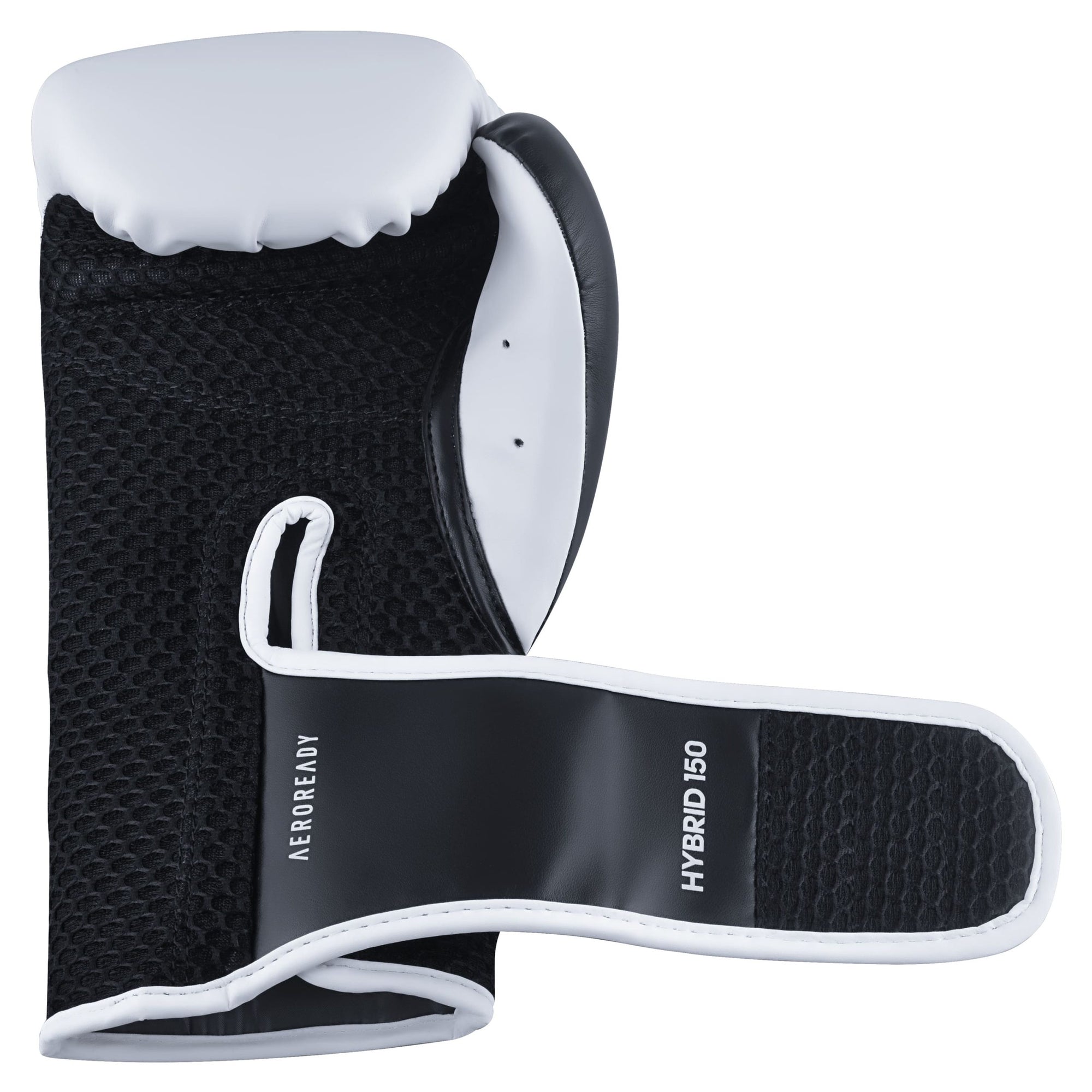 Black and white Adidas Hybrid 150 boxing glove resting.