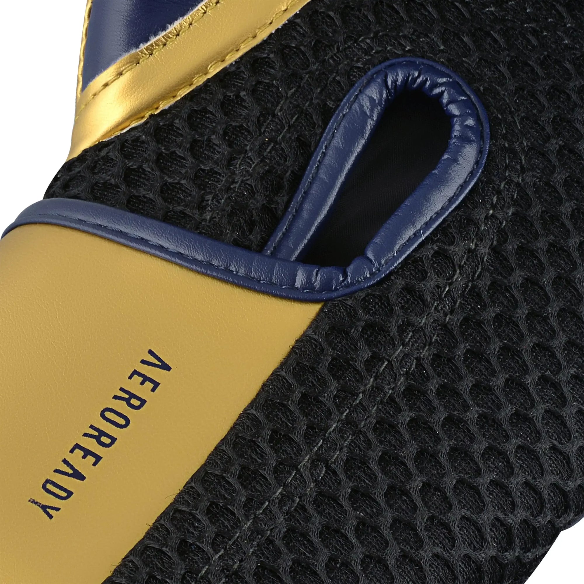 Close-up of blue and gold Adidas Hybrid 150 training glove.