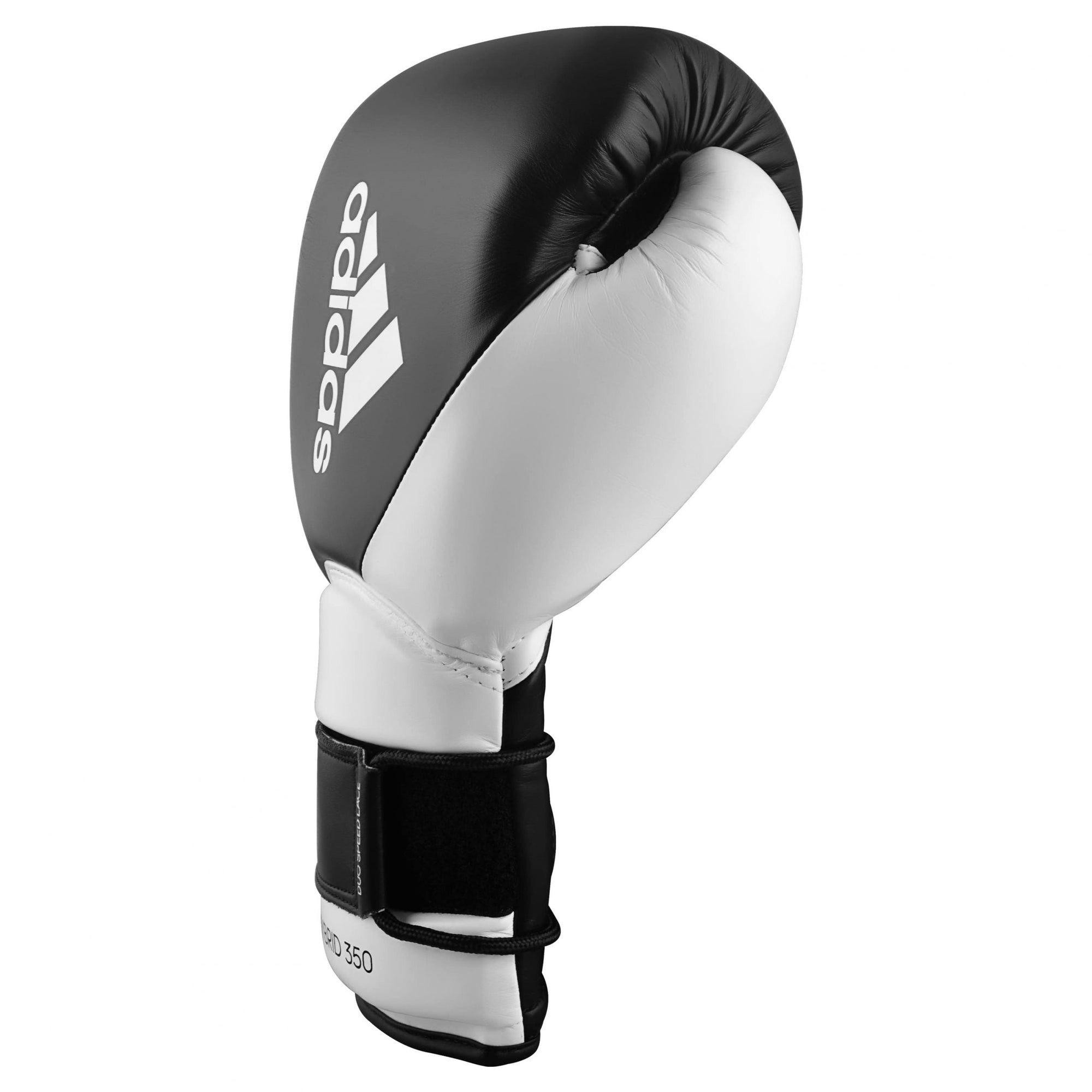 Black and white adidas Hybrid 350 Elite boxing glove, 16 oz.