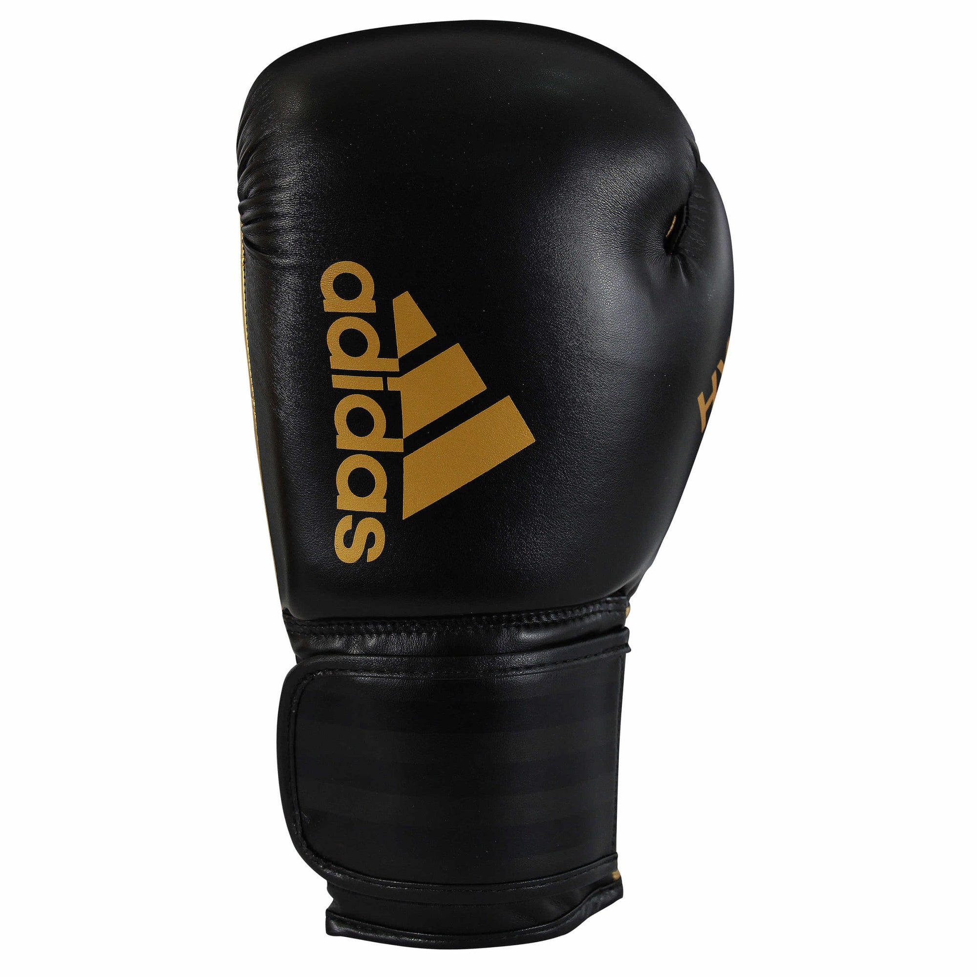 Black boxing glove with gold adidas logo.