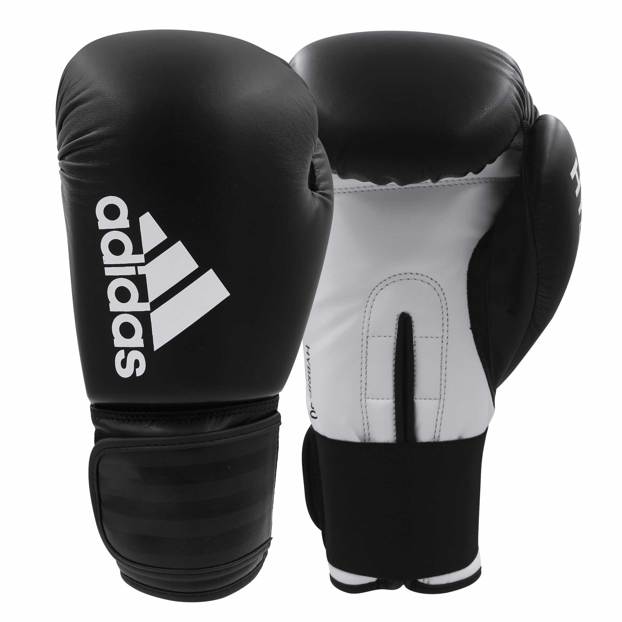 Pair of adidas Hybrid 50 boxing gloves in black and white.