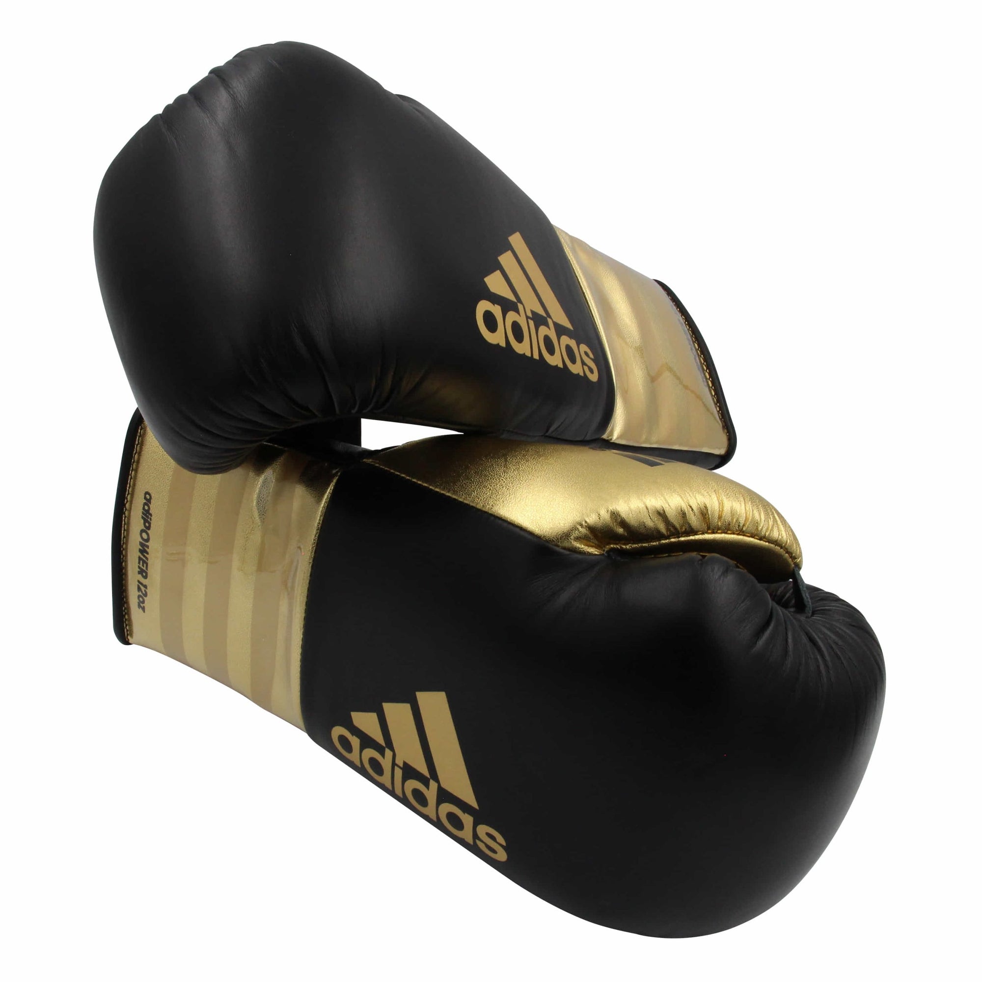 Pair of adidas Adi-Power Hybrid 500 Pro Boxing Gloves in black and gold.