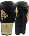 Pair of adidas Adi-Power Hybrid 500 Pro Boxing Gloves in black and gold.