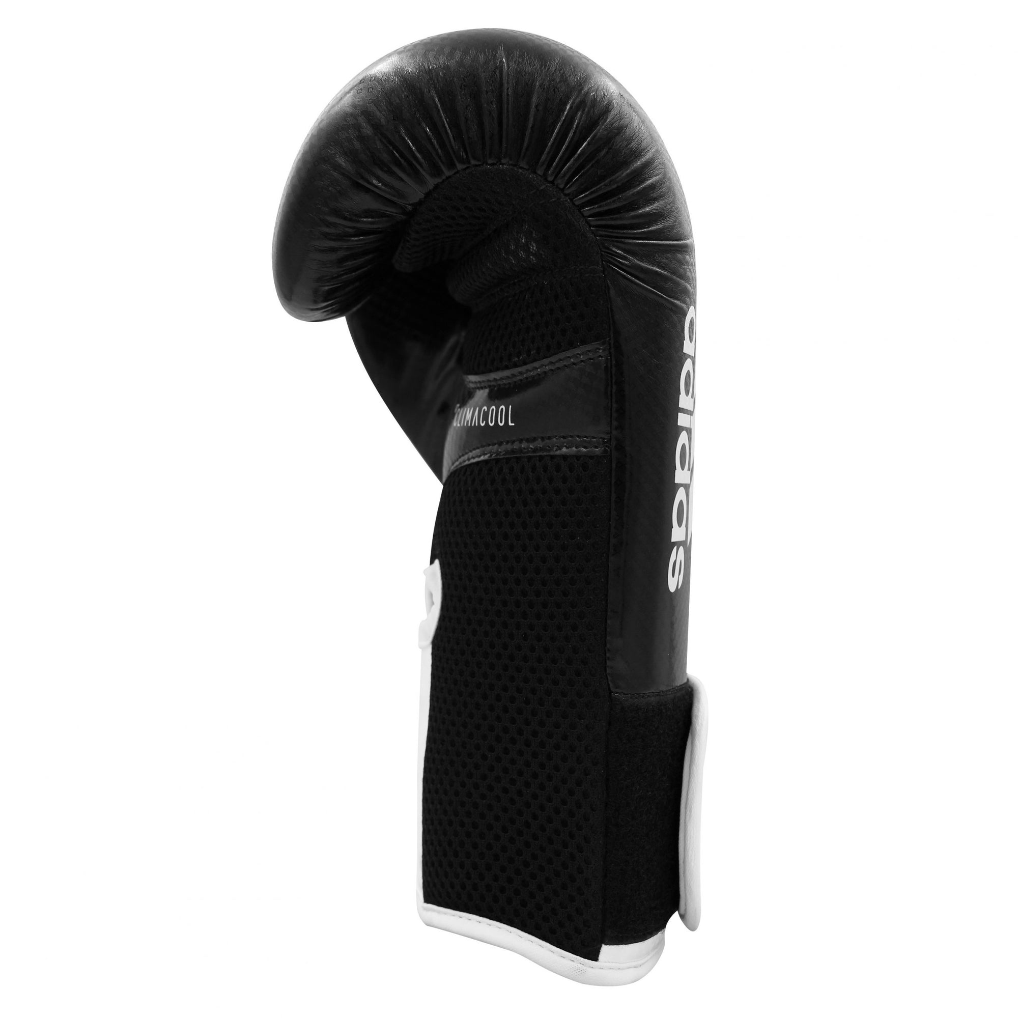 Black boxing glove with white text, adidas Hybrid 65, 10 oz.