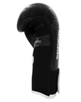 Black boxing glove with white text, adidas Hybrid 65, 10 oz.