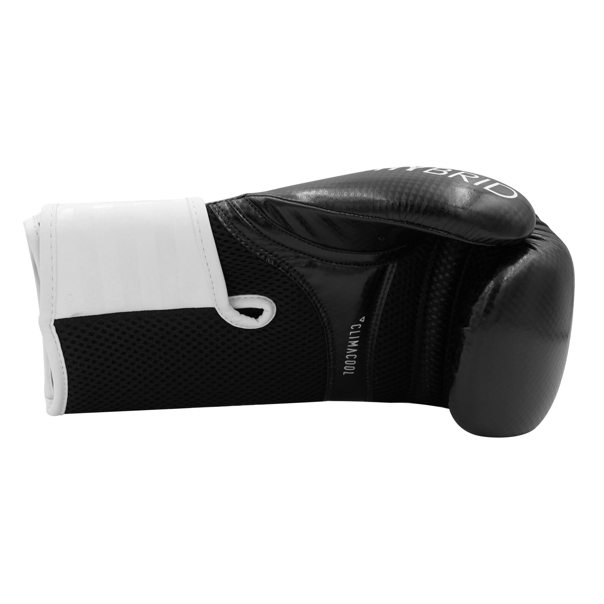 Black and white adidas Hybrid 65 boxing glove, 16 oz.