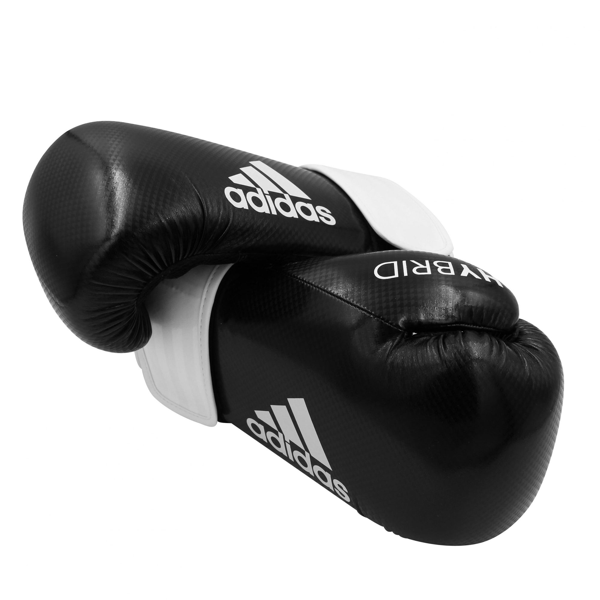 Pair of adidas Hybrid 65 boxing gloves, 14 oz, black and white.