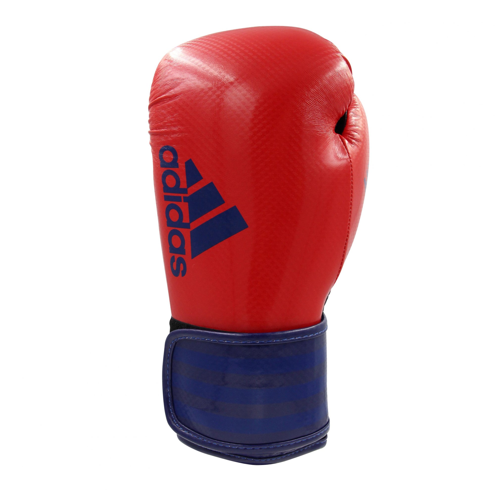 Red boxing glove with blue stripes Adidas hybrid.