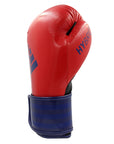 Red boxing glove with blue stripes Adidas hybrid.