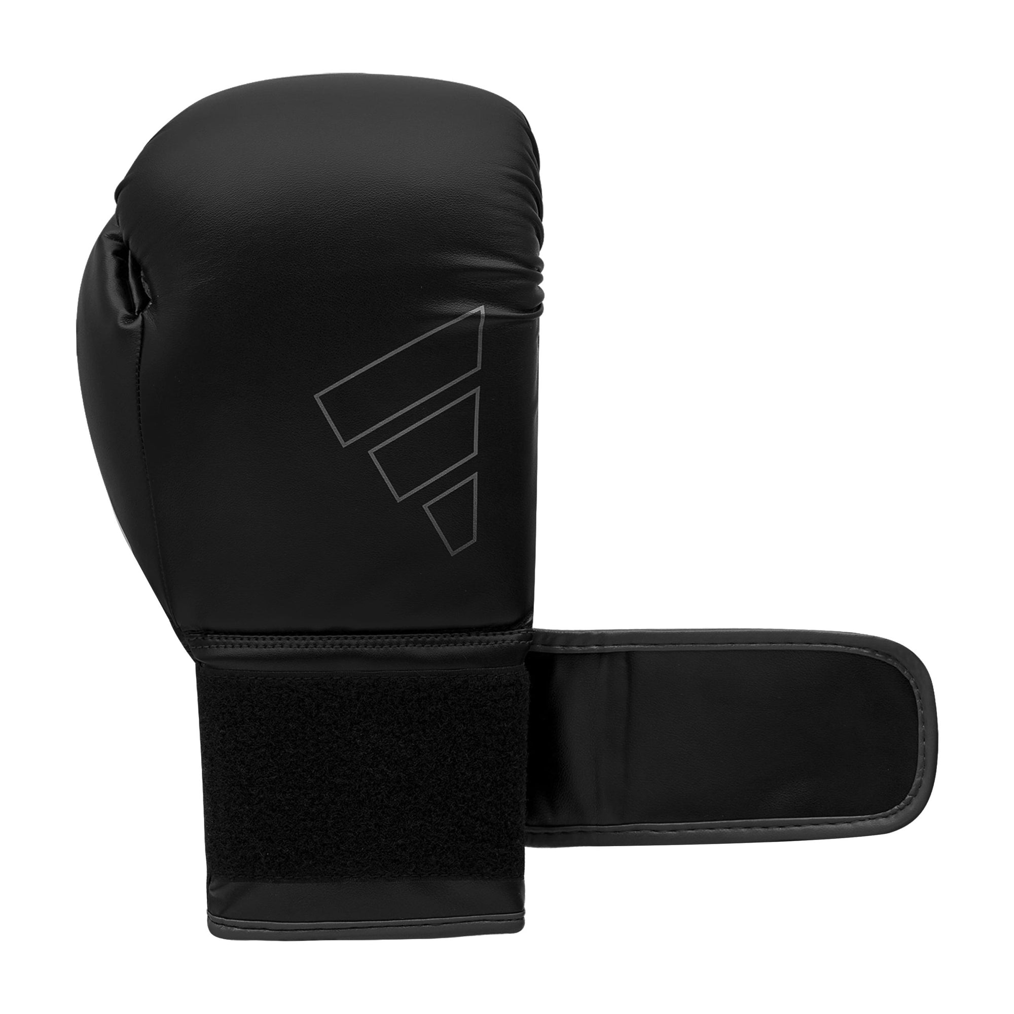 Black Adidas Hybrid 80 boxing glove on white background.